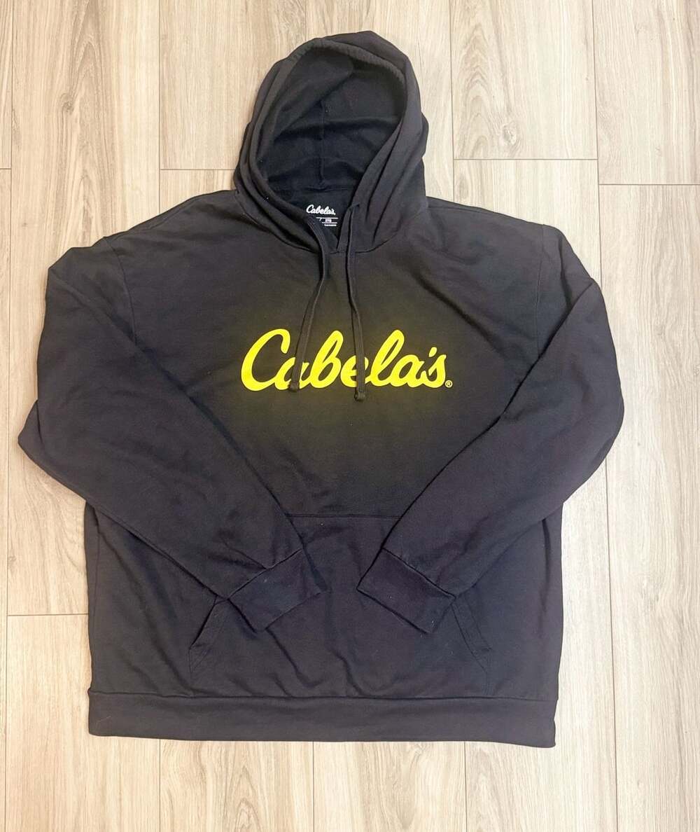 Cabela's Black Yellow Spell Out Logo Pullover Hoodie Sweatshirt 2XL